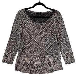 Lucky Brand Knit Top Size L Black White Floral Mixed Print Cotton‎ Boho